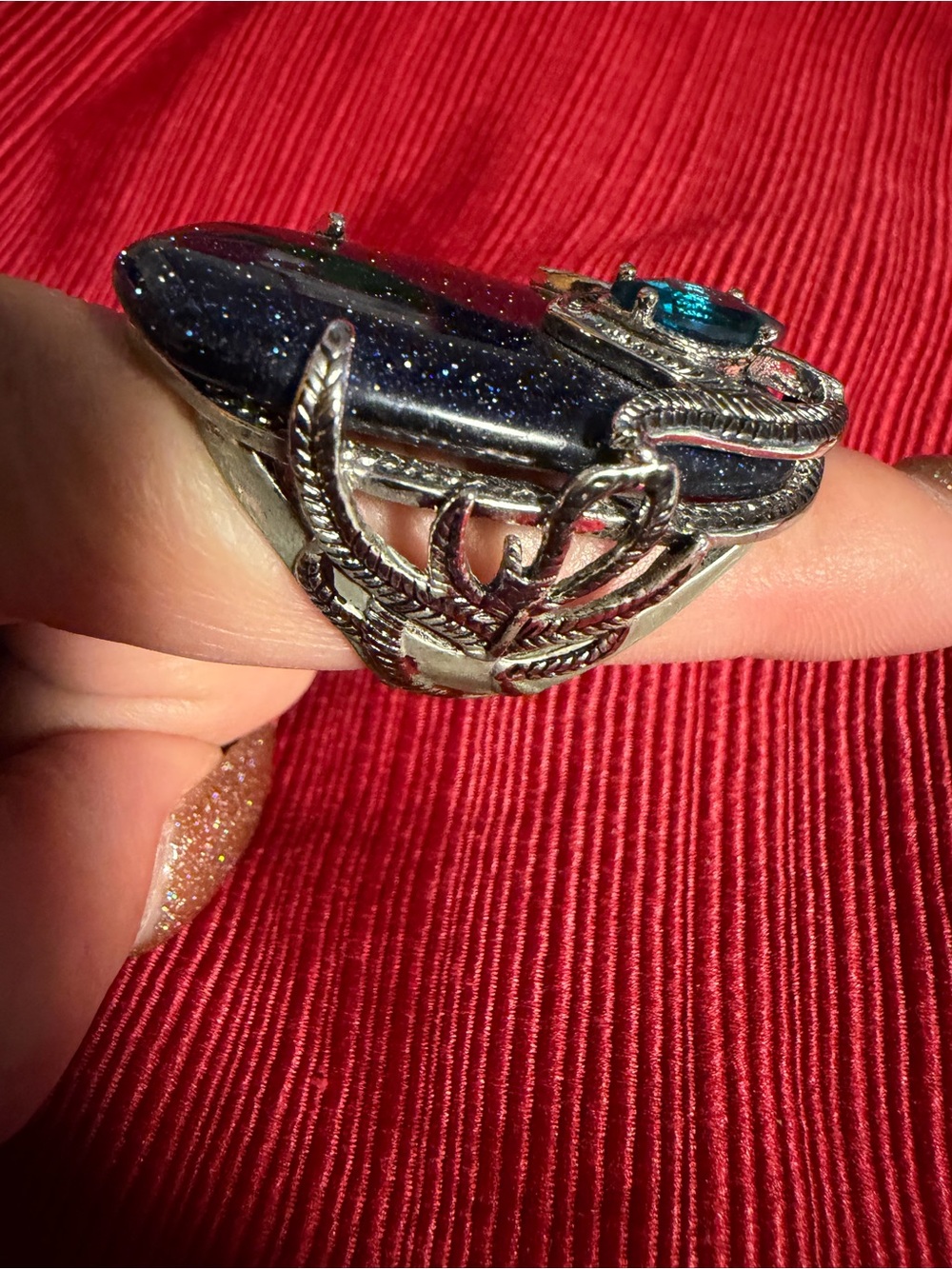 Park Lane Blue Goldstone Statement Ring Size 8 Silver Tone - Picture 3 of 4
